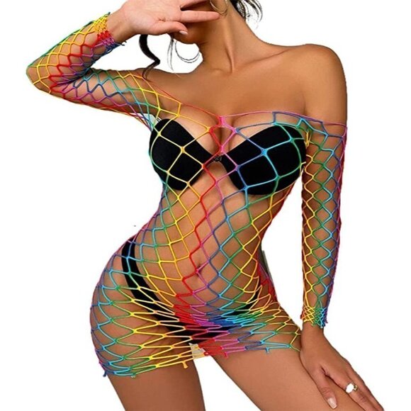 𝅺🌈 Rainbow Fishnet Stockings Mesh Lingerie Bodysuit BDSM Bondage Cosplay NWT - Picture 5 of 6